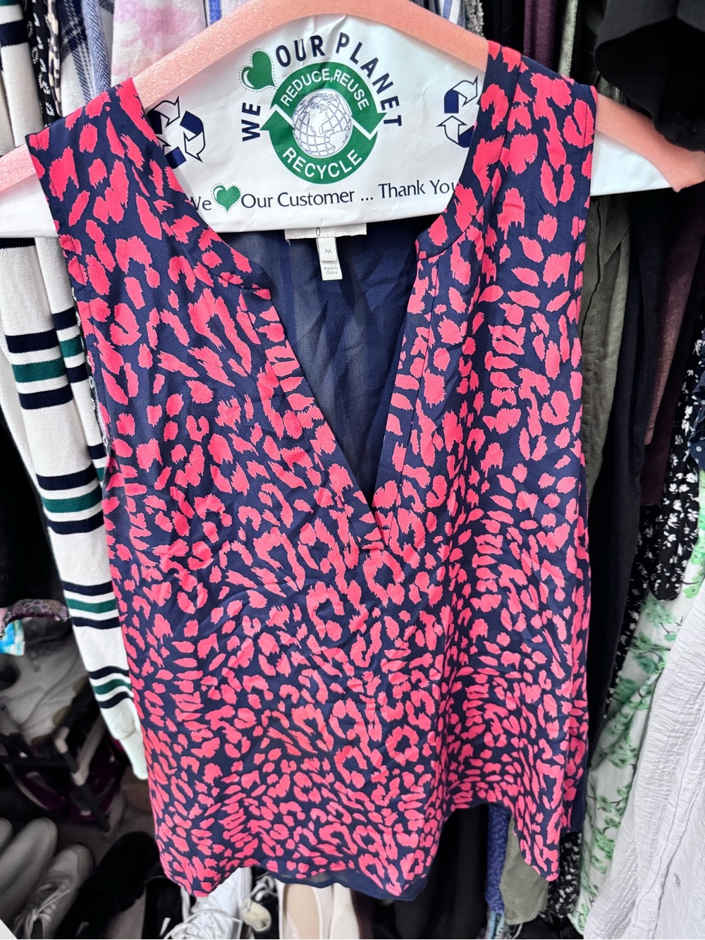 Joie red and Navy top with Animal Print and sheer back medium